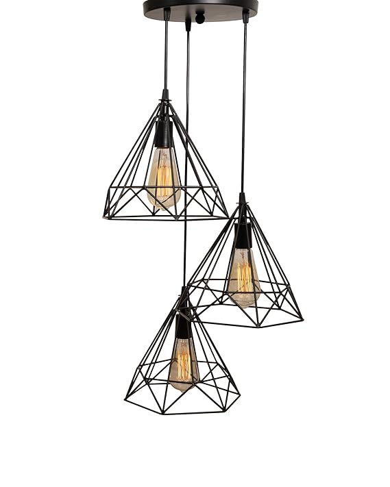 The Cone Round 3 Lights Cluster Chandelier Diamond Hanging Pendant Light with Braided Cord, (Black)