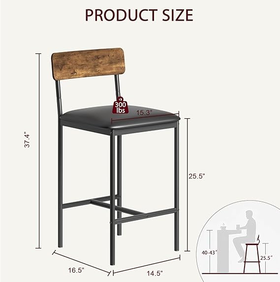 Black & Wood Bar Stools Set of 2 Pieces, Upholstered Bar Chairs with Back, 25.5 Inches Kitchen Bar Stools with Footrest