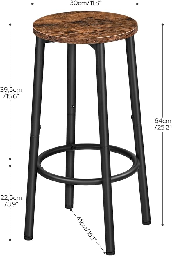 Boroque Set of 2 Bar Chairs, Kitchen Round Height Stools with Footrest, Breakfast Bar Stools, Sturdy Steel Frame, for Dining Room, Kitchen, Party, Easy Assembly, Rustic Brown