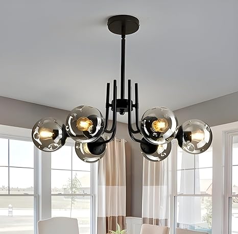 Six Sphere Black Grey Glass Chandelier Pendant Light, 6 Glass Shades, Industrial Wrought Iron, Circular, for Bar, Living Room (E-27 Bulb Base) (Without-Bulb)