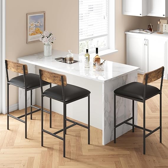 Black & Wood Bar Stools Set of 2 Pieces, Upholstered Bar Chairs with Back, 25.5 Inches Kitchen Bar Stools with Footrest