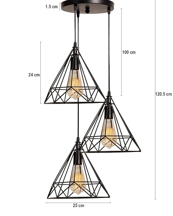 The Cone Round 3 Lights Cluster Chandelier Diamond Hanging Pendant Light with Braided Cord, (Black)