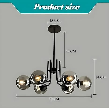 Six Sphere Black Grey Glass Chandelier Pendant Light, 6 Glass Shades, Industrial Wrought Iron, Circular, for Bar, Living Room (E-27 Bulb Base) (Without-Bulb)
