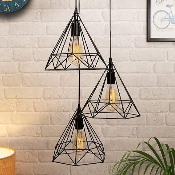 The Cone Round 3 Lights Cluster Chandelier Diamond Hanging Pendant Light with Braided Cord, (Black)