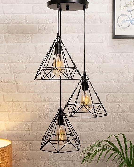 The Cone Round 3 Lights Cluster Chandelier Diamond Hanging Pendant Light with Braided Cord, (Black)