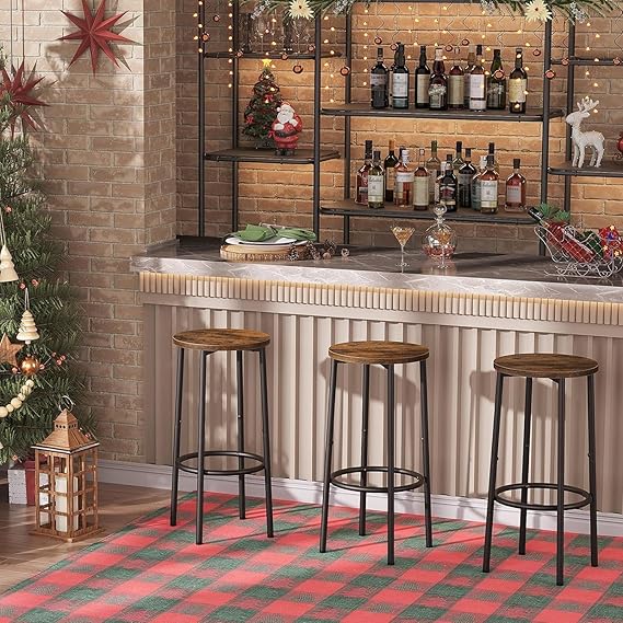 Boroque Set of 2 Bar Chairs, Kitchen Round Height Stools with Footrest, Breakfast Bar Stools, Sturdy Steel Frame, for Dining Room, Kitchen, Party, Easy Assembly, Rustic Brown