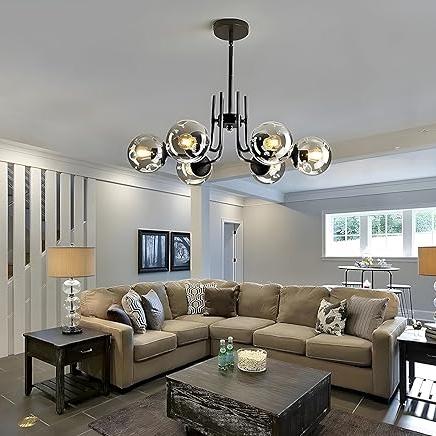 Six Sphere Black Grey Glass Chandelier Pendant Light, 6 Glass Shades, Industrial Wrought Iron, Circular, for Bar, Living Room (E-27 Bulb Base) (Without-Bulb)