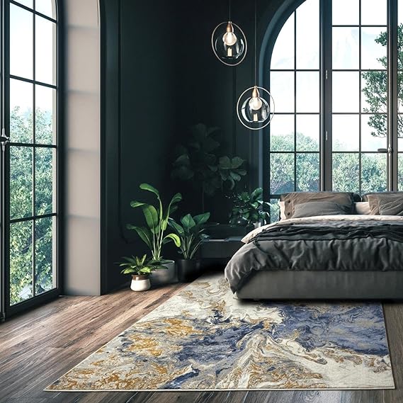 Elegance Underfoot Polyester Premium 3D Printed Italian Rectangular Carpets For Living Room/Bedroom/Home, Waterproof And Anti-Skid (Marble Swirl Blue)