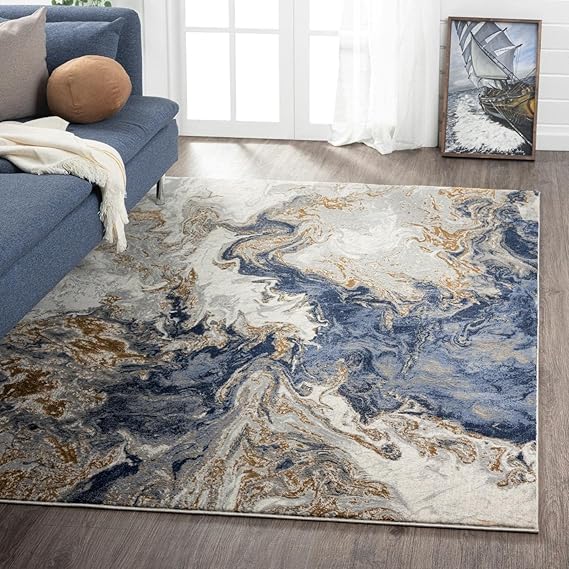 Elegance Underfoot Polyester Premium 3D Printed Italian Rectangular Carpets For Living Room/Bedroom/Home, Waterproof And Anti-Skid (Marble Swirl Blue)