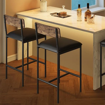 Black & Wood Bar Stools Set of 2 Pieces, Upholstered Bar Chairs with Back, 25.5 Inches Kitchen Bar Stools with Footrest