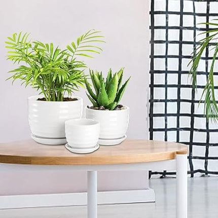 Wavy Round Modern Ceramic Garden Flower Pots White Succulent Cactus Plant Pots, Set of 3